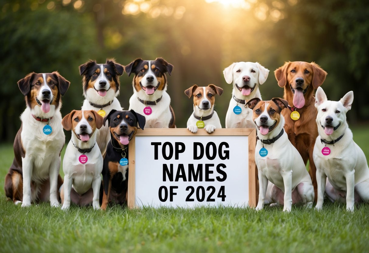 A group of diverse dogs, each with a unique name tag, gather around a sign that reads "Top Dog Names of 2024."
