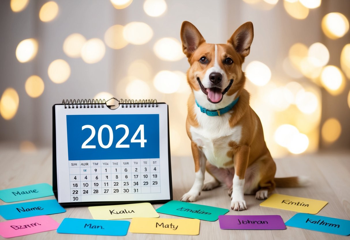 A happy dog sitting next to a calendar with the year 2024 displayed, surrounded by various name options written on colorful cards