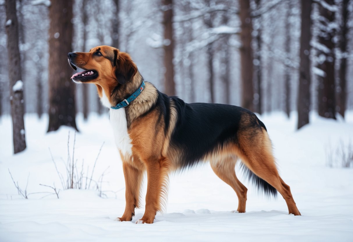 A Norwegian Elkhound dog barking confidently while standing alert in a snowy forest clearing