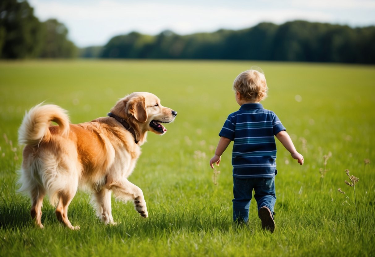 A golden retriever wagging its tail, approaching a smiling child in a green meadow