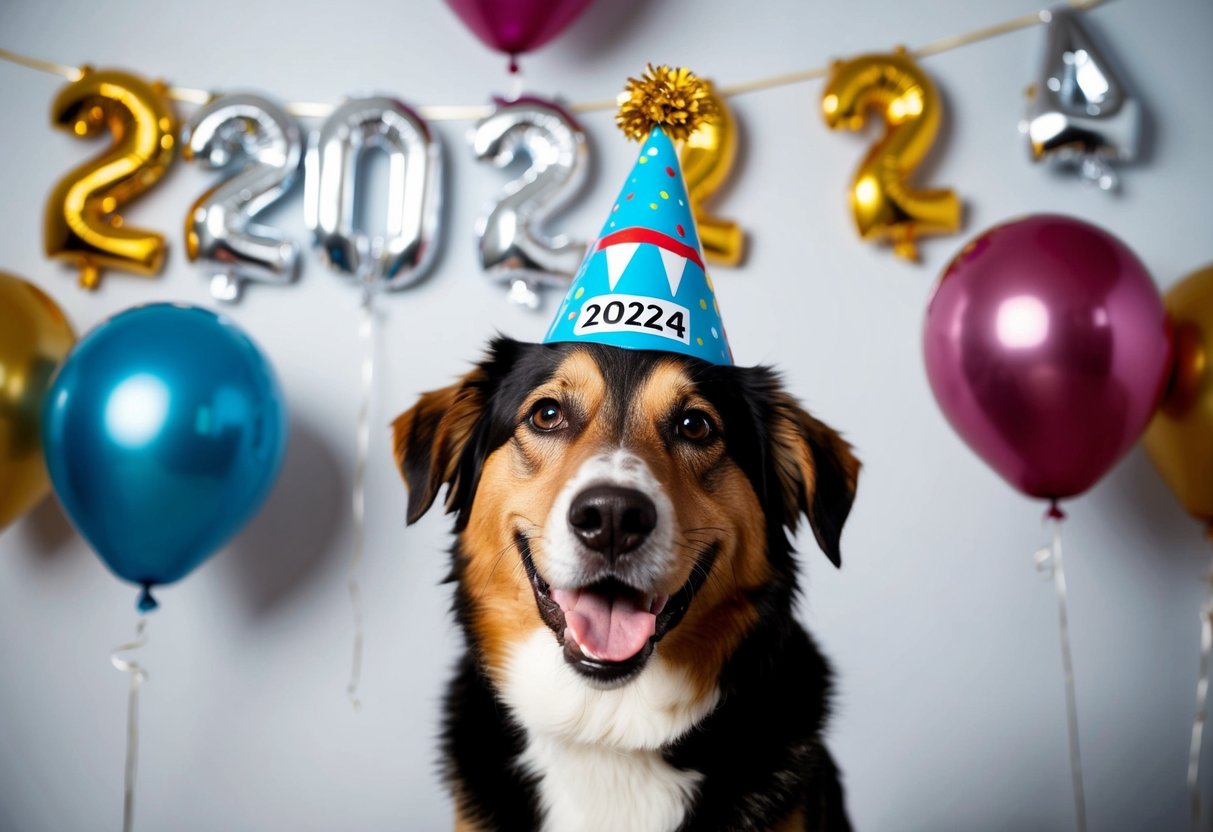 A happy dog wearing a party hat with the number "2024" and balloons in the background