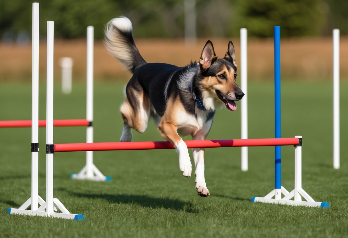 A Norwegian Elkhound dog running through an agility course, jumping over hurdles and weaving through poles during a training session