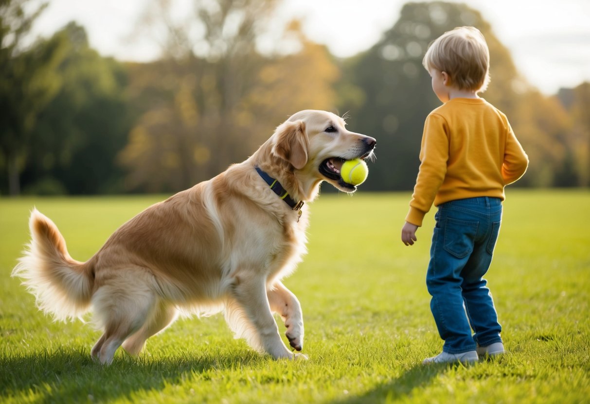 A Golden Retriever wagging its tail, approaching a child with a tennis ball in its mouth