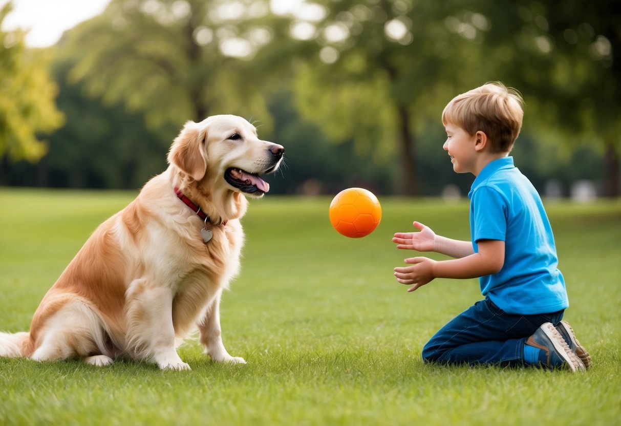 A golden retriever wagging its tail, sitting next to a smiling child playing fetch in a grassy park