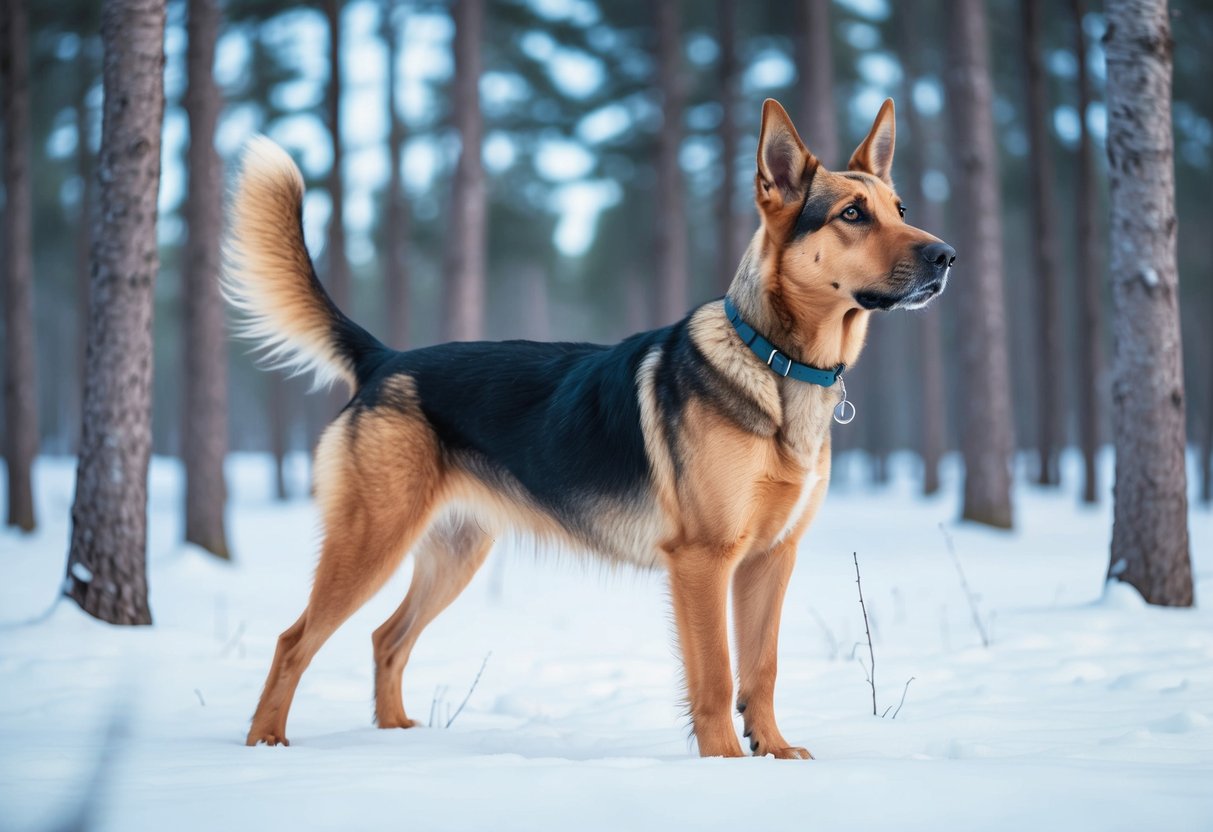 A Norwegian Elkhound dog standing alert in a snowy forest, ears perked and tail raised, ready for tracking and hunting