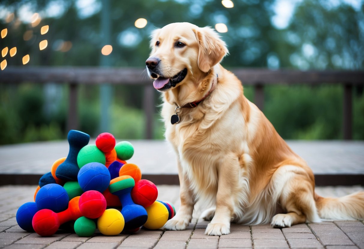 A golden retriever sitting obediently beside a pile of toys, eagerly awaiting a command