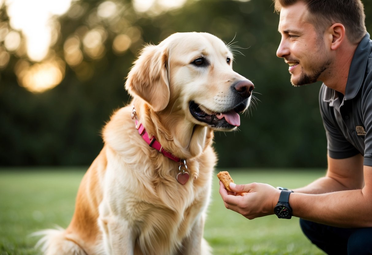 A golden retriever sitting attentively, with a trainer holding a treat