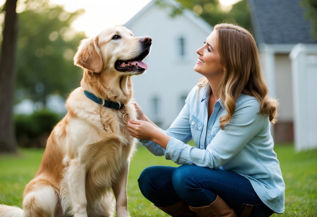 A golden retriever sitting attentively, looking up at its owner with a wagging tail