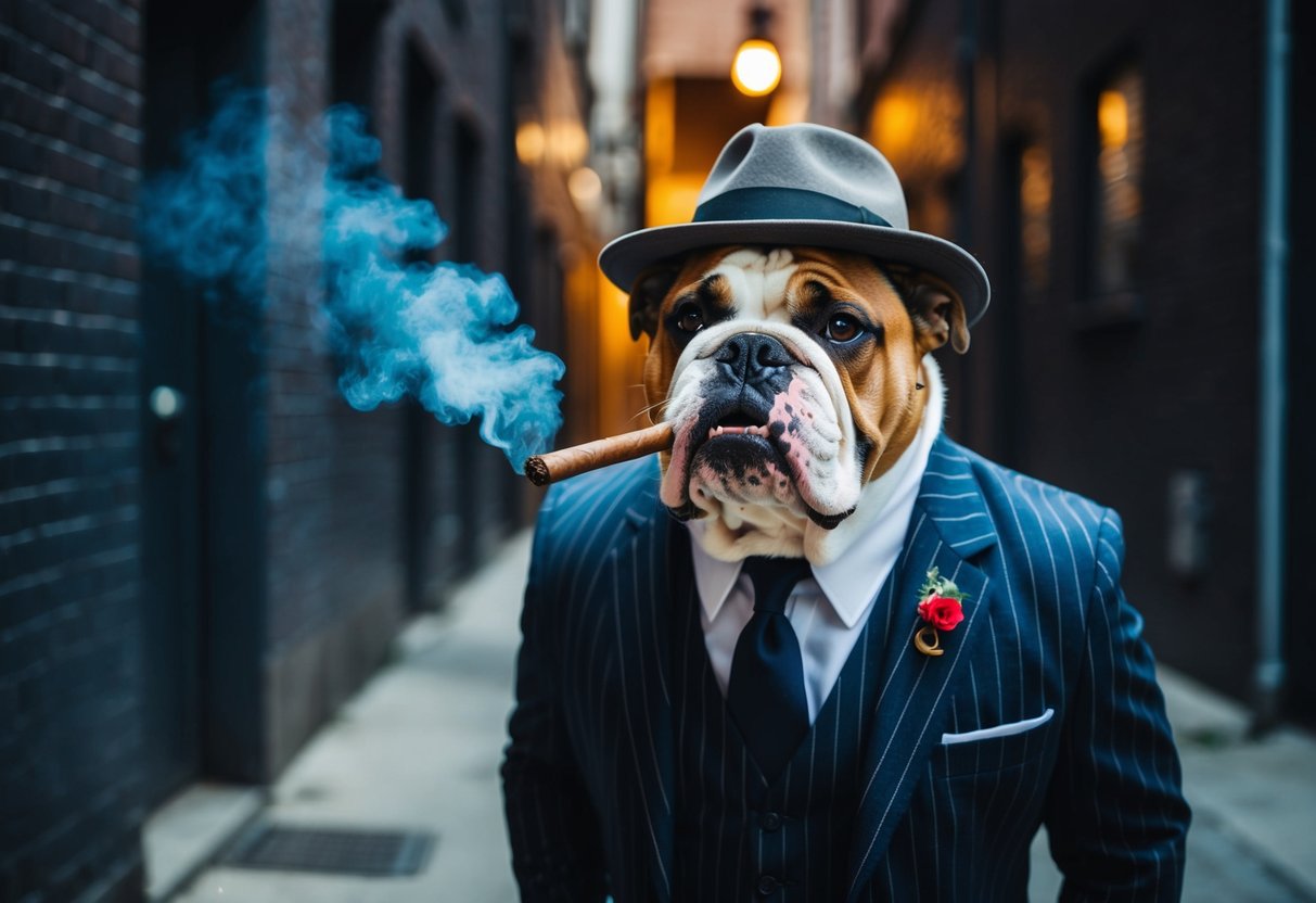 A bulldog wearing a fedora and a pinstripe suit, puffing on a cigar while standing in a dimly lit alleyway