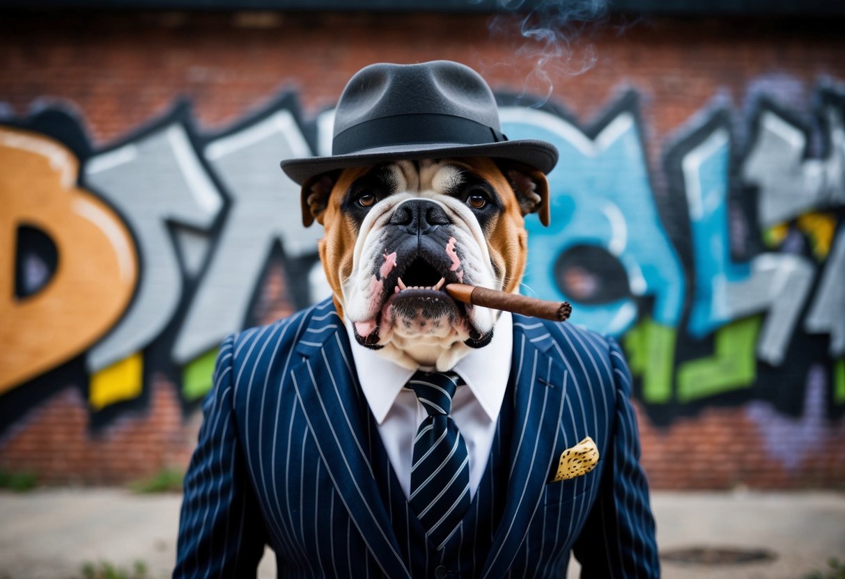 A tough-looking bulldog wearing a pinstripe suit and fedora, with a cigar hanging from its mouth, standing in front of a graffiti-covered brick wall