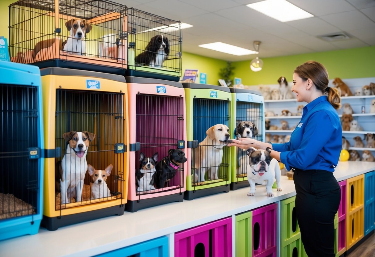 A family-friendly pet store with a variety of dog breeds displayed in colorful cages, a friendly clerk assisting a customer