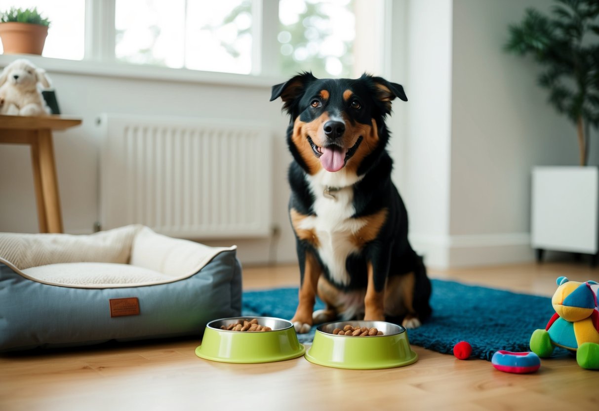 A happy dog sitting by a food bowl and water dish, with a cozy bed and toys nearby