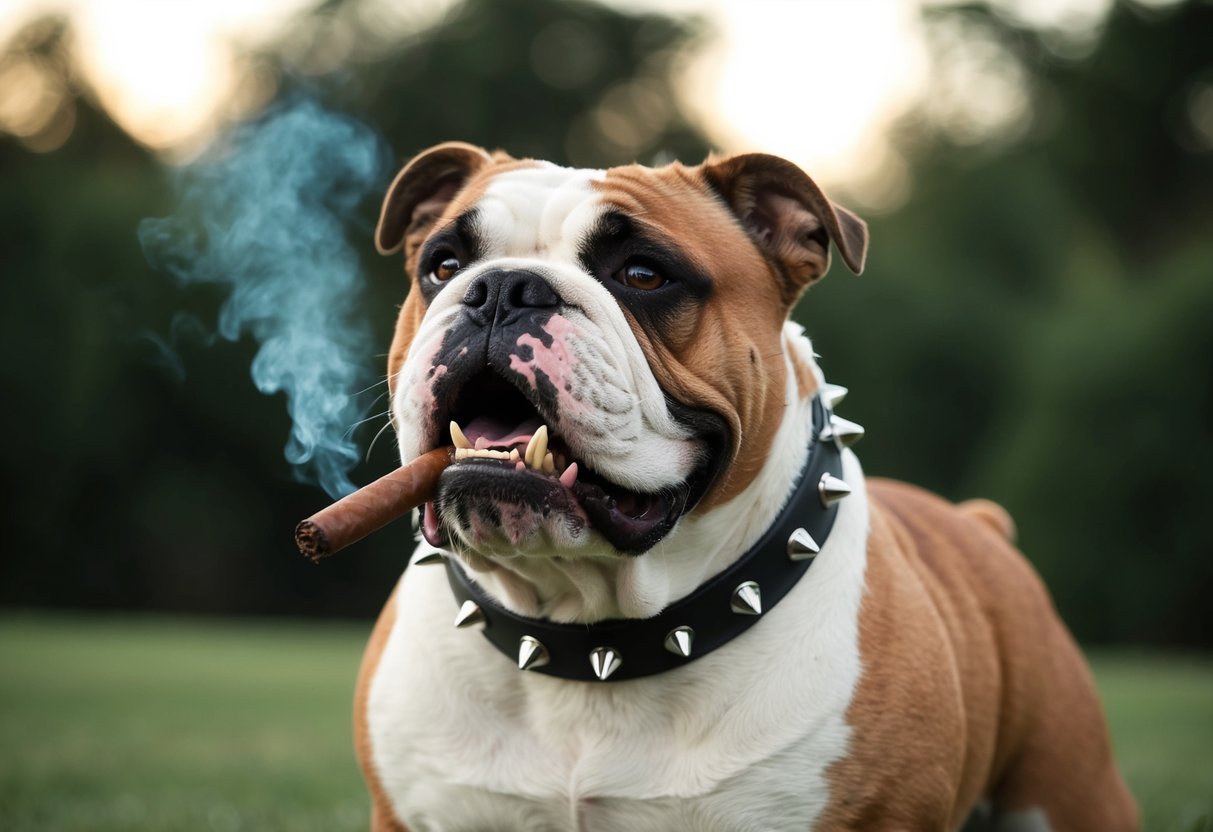 A tough-looking bulldog wearing a spiked collar, standing confidently with a cigar in its mouth