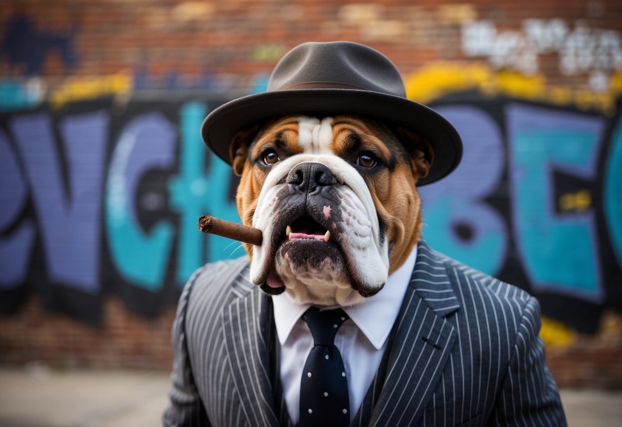 A tough-looking bulldog wearing a fedora and a pinstripe suit, standing in front of a graffiti-covered brick wall, with a cigar hanging from his mouth
