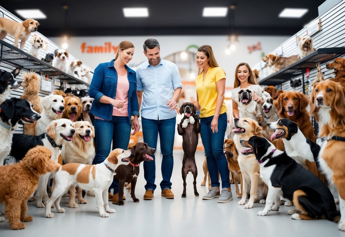 A family stands in a pet store surrounded by various dog breeds. A friendly puppy jumps up to greet them, wagging its tail eagerly
