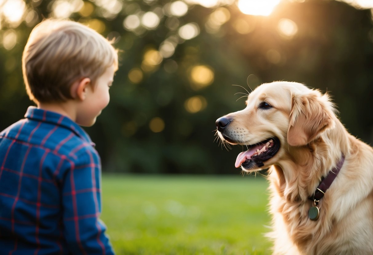 A golden retriever wagging its tail, approaching a child with a big smile
