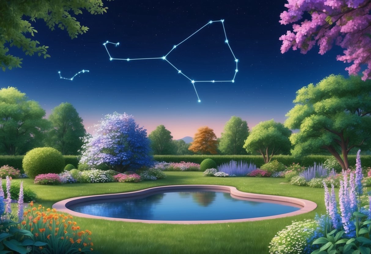 A serene garden with blooming flowers and a tranquil pond, under a clear night sky with the constellation Taurus shining brightly