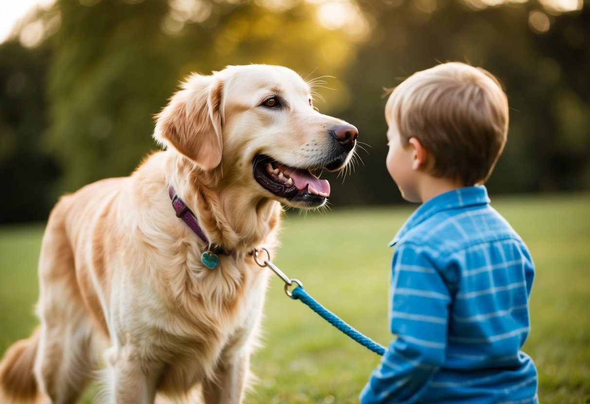 A golden retriever wagging its tail, approaching a child with a big smile on its face
