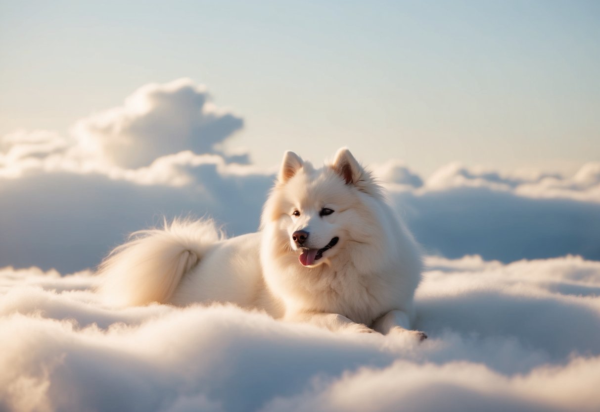 A fluffy white Samoyed dog lying in a bed of soft, billowing clouds with a gentle breeze ruffling its fur
