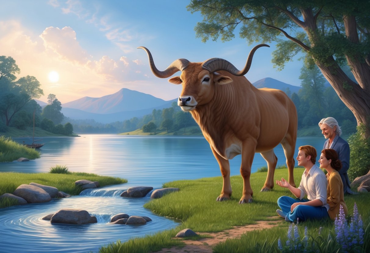 A serene Taurus stands beside a tranquil lake, surrounded by gentle waves and flowing streams. Nearby, a Pisces and Cancer engage in harmonious conversation, under the watchful eye of the Taurus