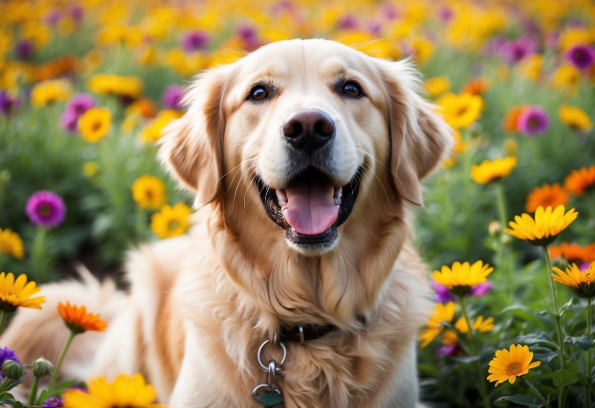 A golden retriever with a wagging tail, bright eyes, and a wide, open-mouthed smile, surrounded by colorful flowers and basking in the sunshine