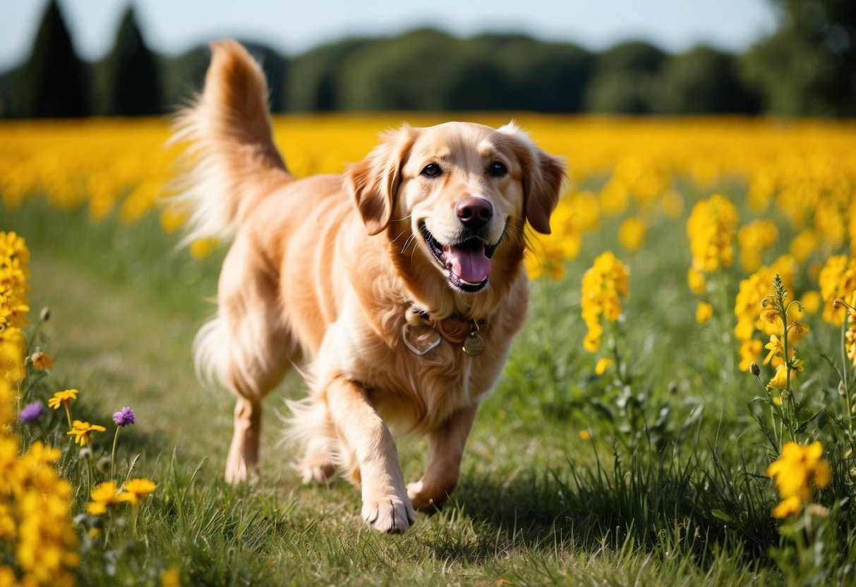A golden retriever with a big smile, wagging tail, and bright eyes, running through a field of flowers on a sunny day