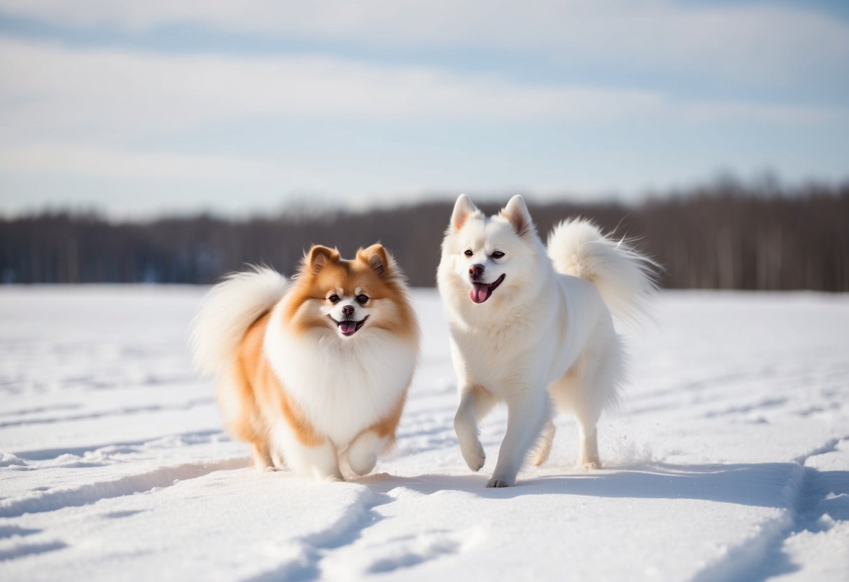 A Pomeranian and a Samoyed stand side by side, their fluffy white coats billowing in the wind as they playfully chase each other in a snow-covered field