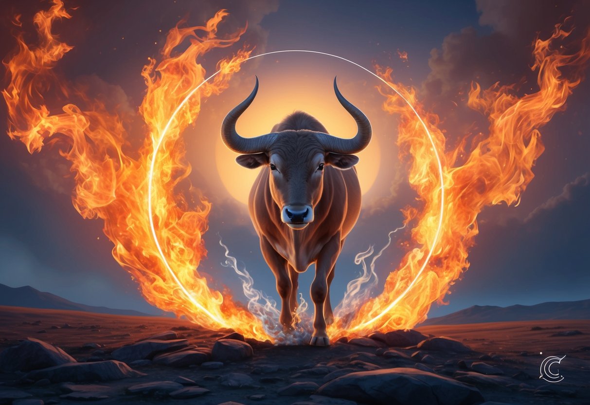 A Taurus surrounded by flames and gusts of wind, representing compatibility with fire and air signs