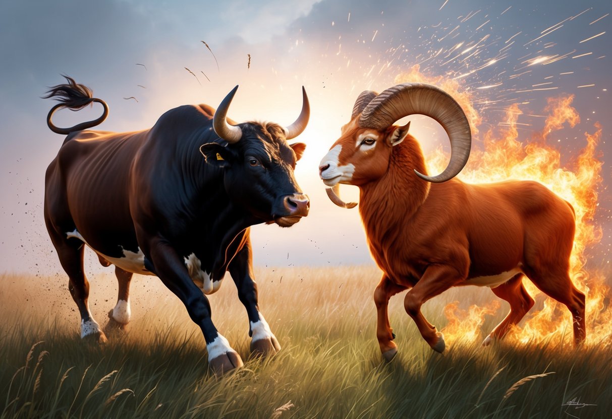 A charging bull and a fiery ram face off in a field, their conflicting energies creating sparks and tension in the air