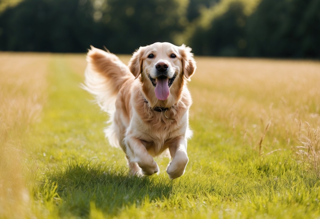 A golden retriever running through a sunlit field, tongue out and tail wagging, with a big smile on its face