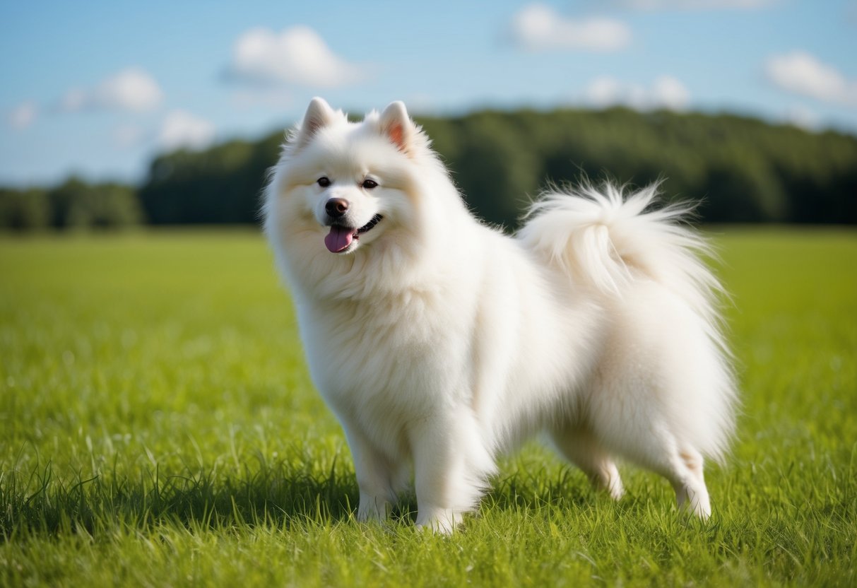 A fluffy white Samoyed dog standing in a lush green field, with its fur blowing in the wind, and a bright blue sky in the background