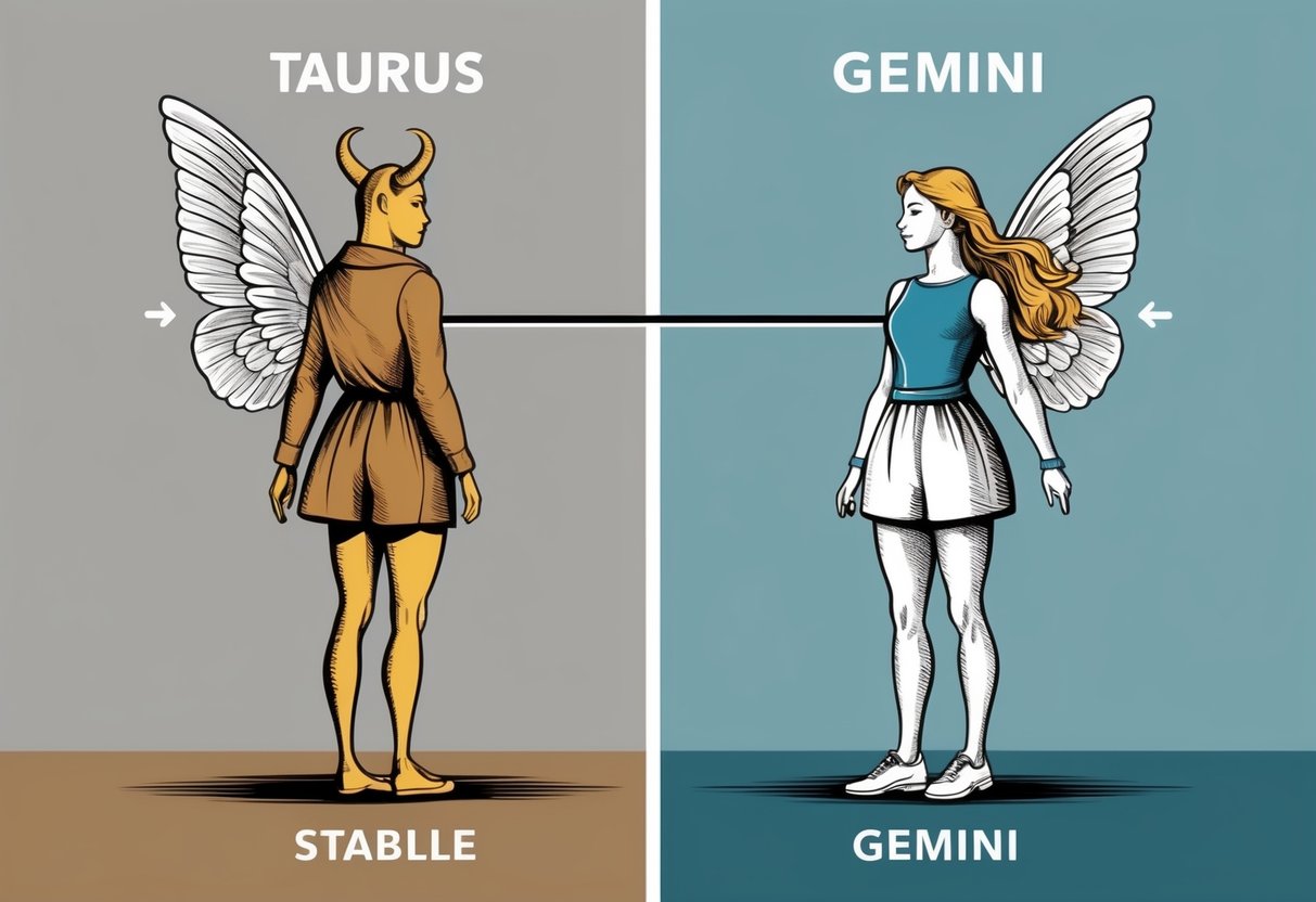 A Taurus and Gemini stand back to back, each facing in opposite directions with a line dividing them. The Taurus side is stable and grounded, while the Gemini side is dynamic and communicative