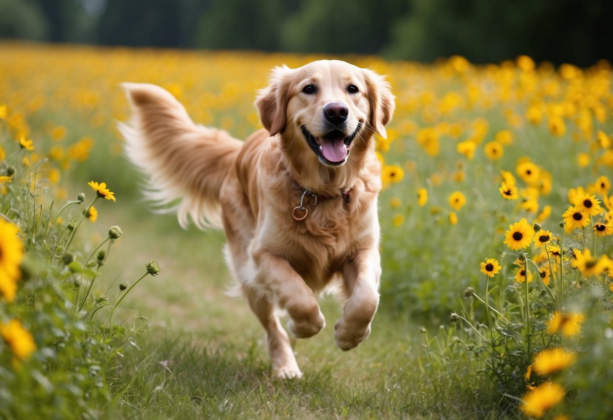 A golden retriever with a big smile running through a field of wildflowers