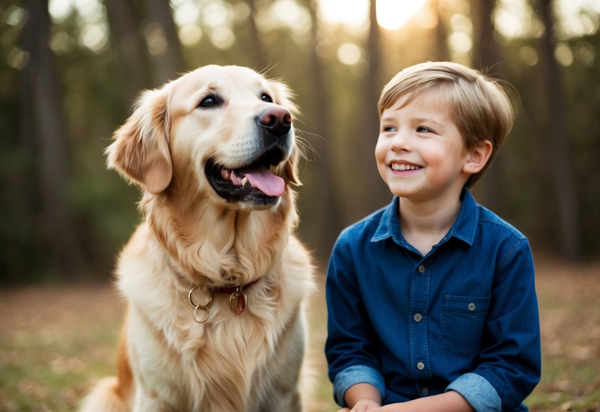 A golden retriever wagging its tail, sitting beside a child with a smile on its face