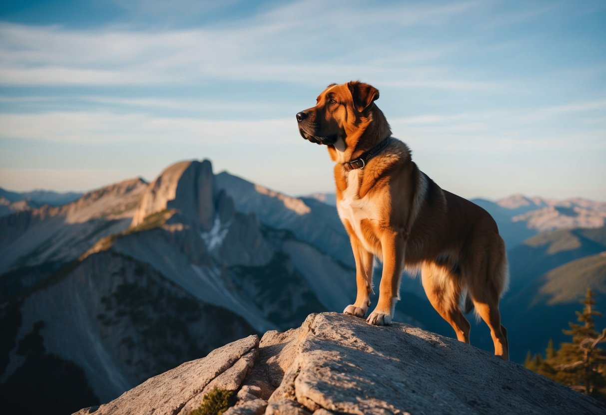 A large, rugged dog stands proudly atop a mountain peak, gazing out over a vast, untamed wilderness