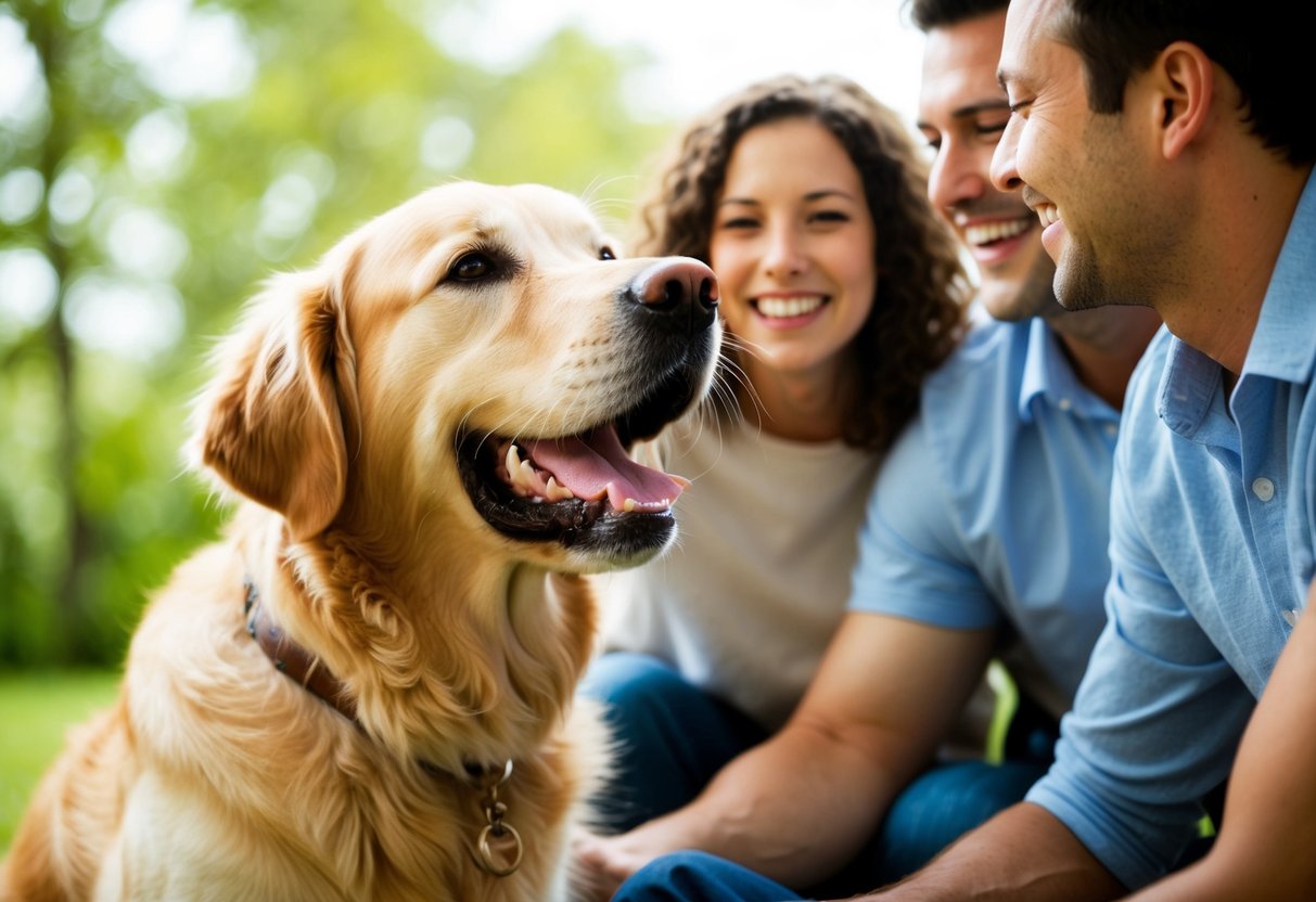 A golden retriever wagging its tail, eagerly greeting a family with a warm smile on its face