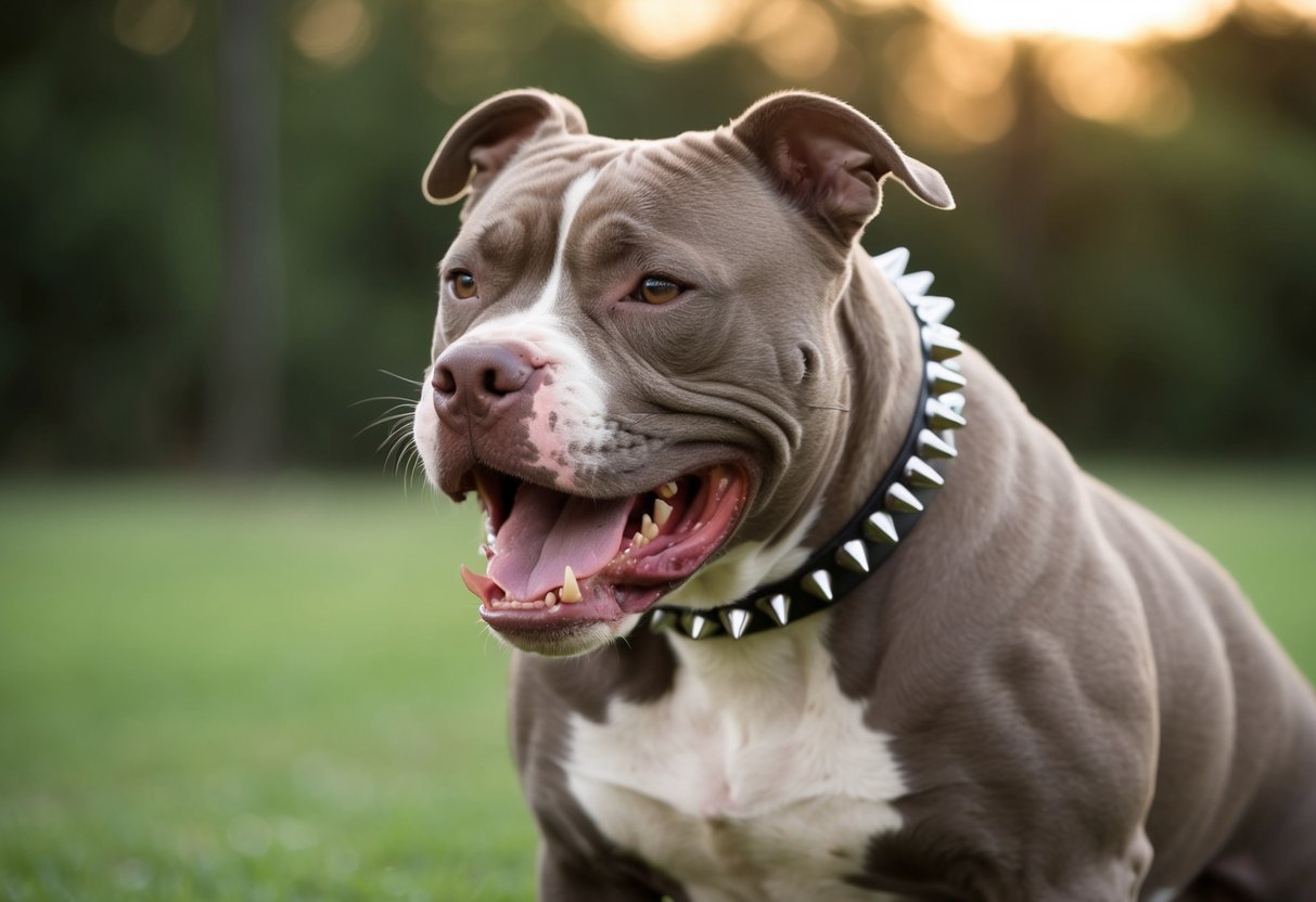 A muscular, snarling pit bull with spiked collar and scars