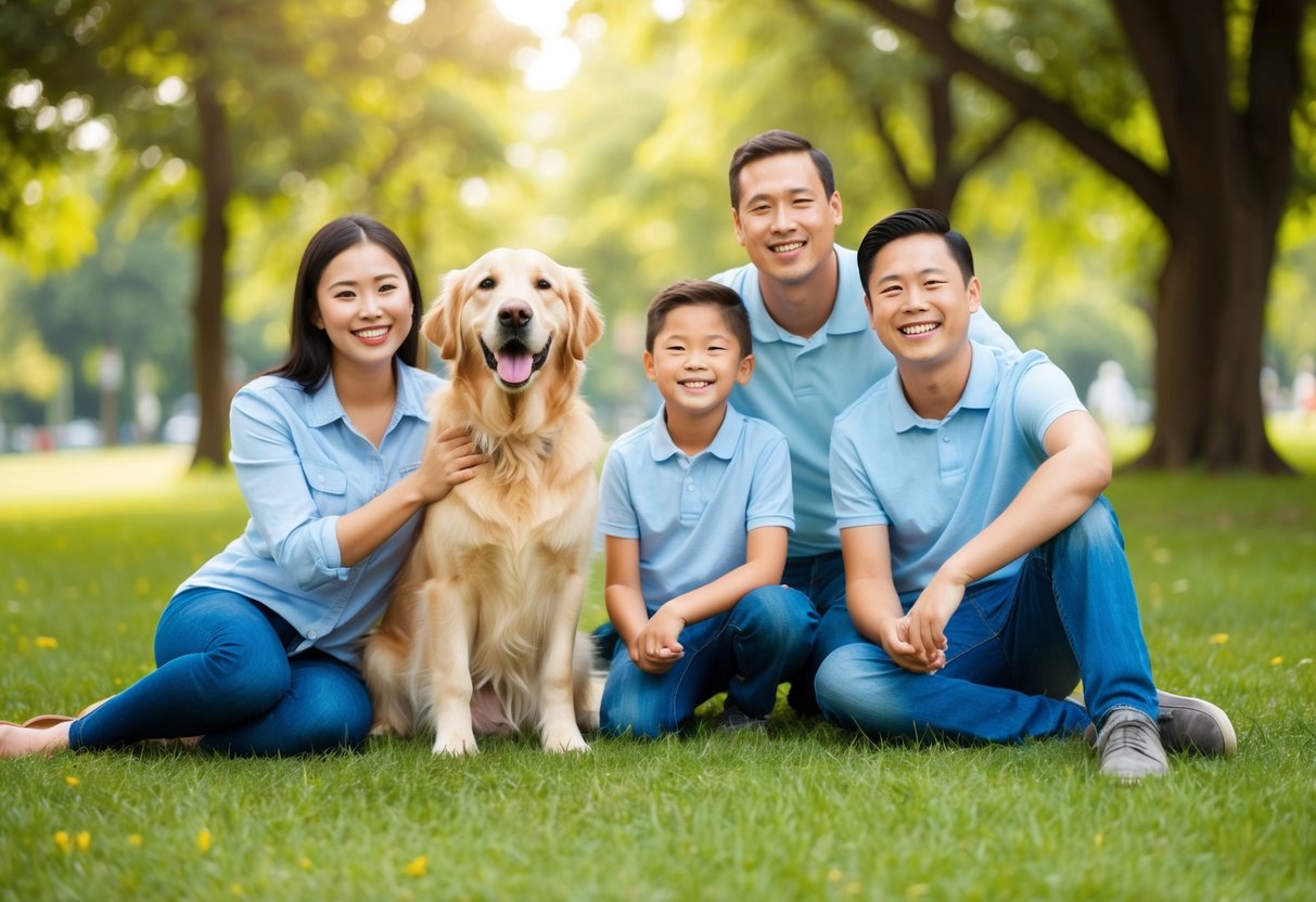 A Golden Retriever wagging its tail, sitting next to a smiling family in a park