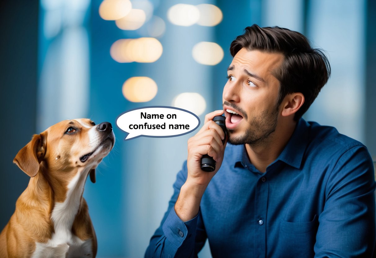 A dog owner struggling to pronounce a complex, multi-syllable name while their confused dog looks on