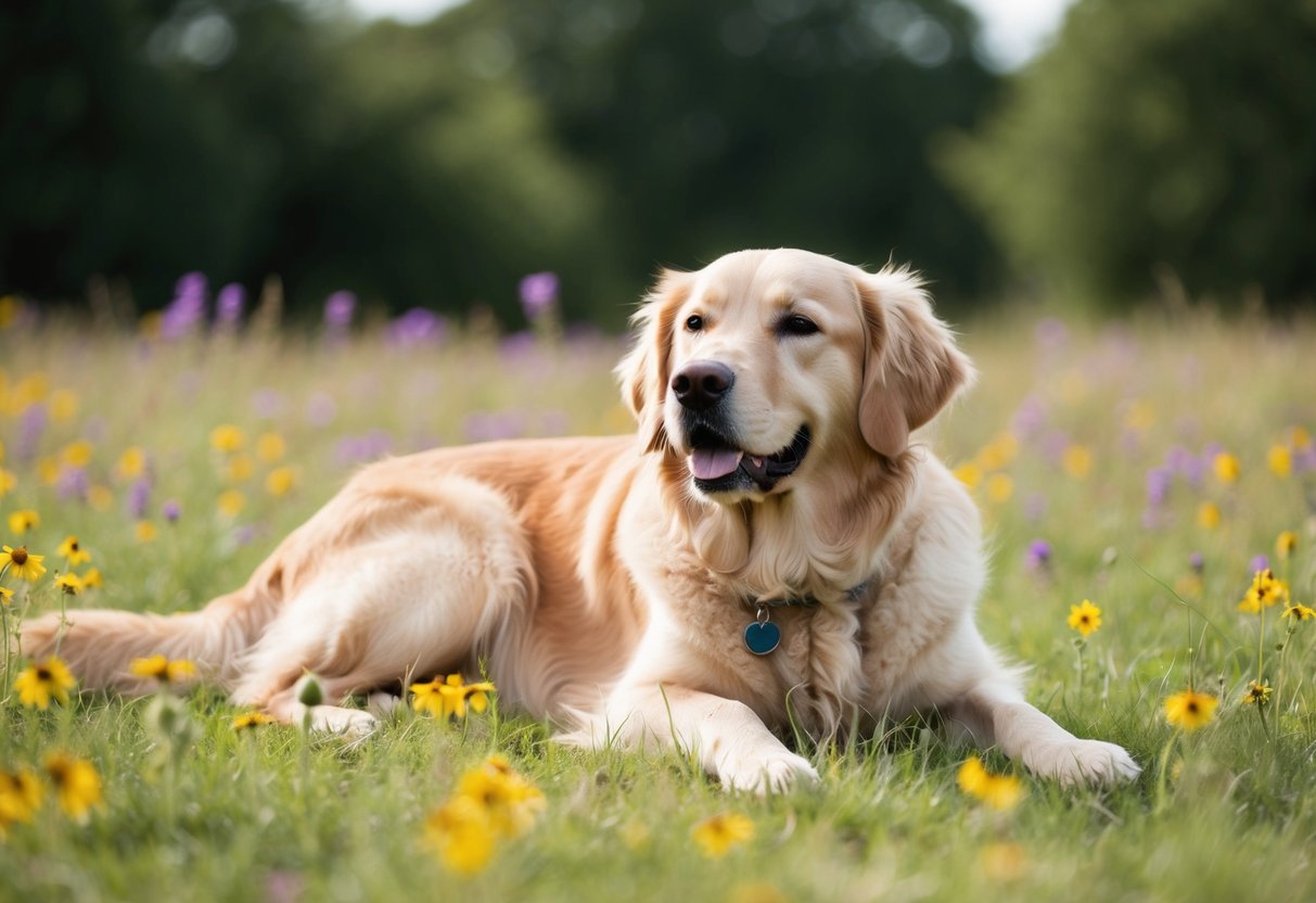 A golden retriever lying peacefully in a field of wildflowers, with a serene expression and a gentle, wagging tail
