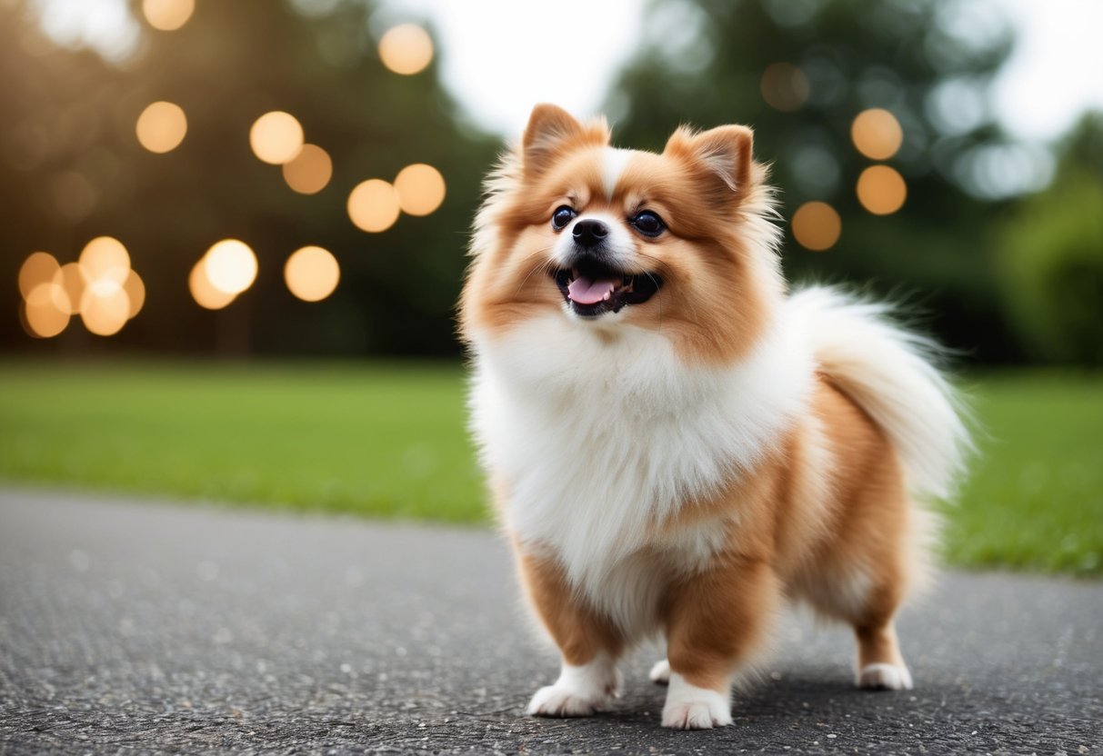A small, fluffy Pomeranian wagging its tail and looking up with a happy expression