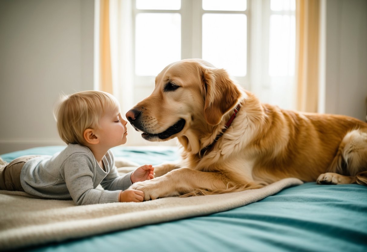 A golden retriever gently nuzzling a small child's hand while laying on a soft blanket in a sunlit room