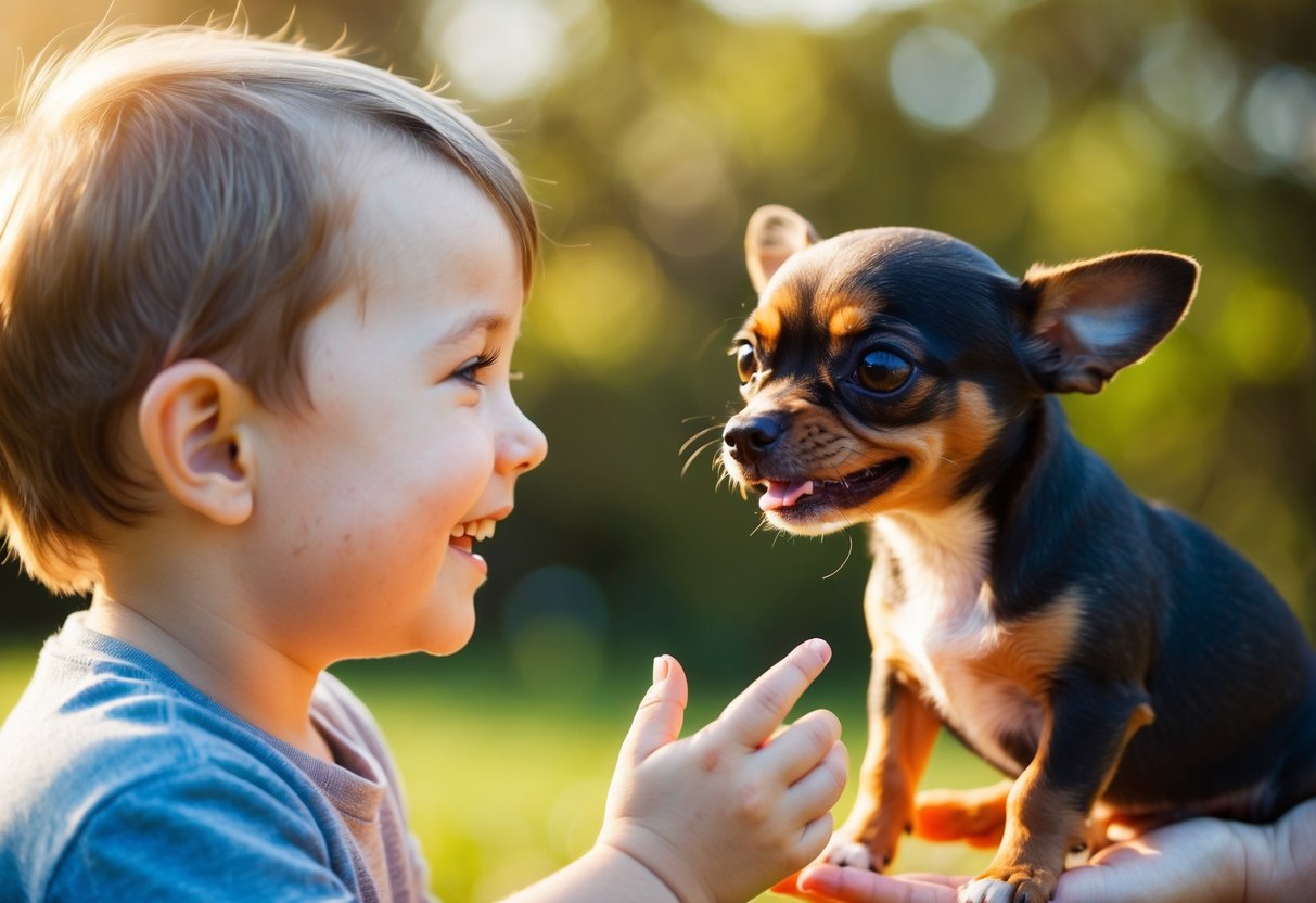 A small, wagging tail greets a smiling child as a tiny dog nuzzles their hand, its warm, trusting eyes reflecting pure joy and affection