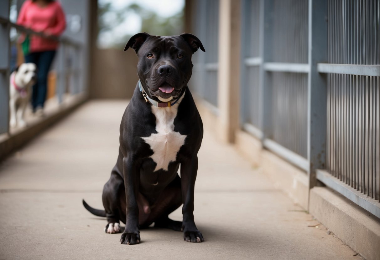 A black pit bull sits alone in a shelter, overlooked by potential adopters