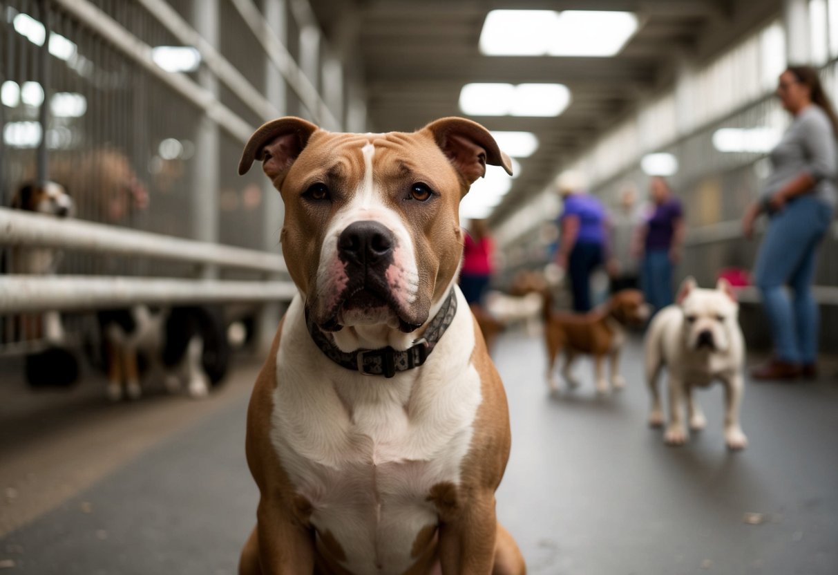 A senior pit bull sits alone in a crowded shelter, overlooked by potential adopters