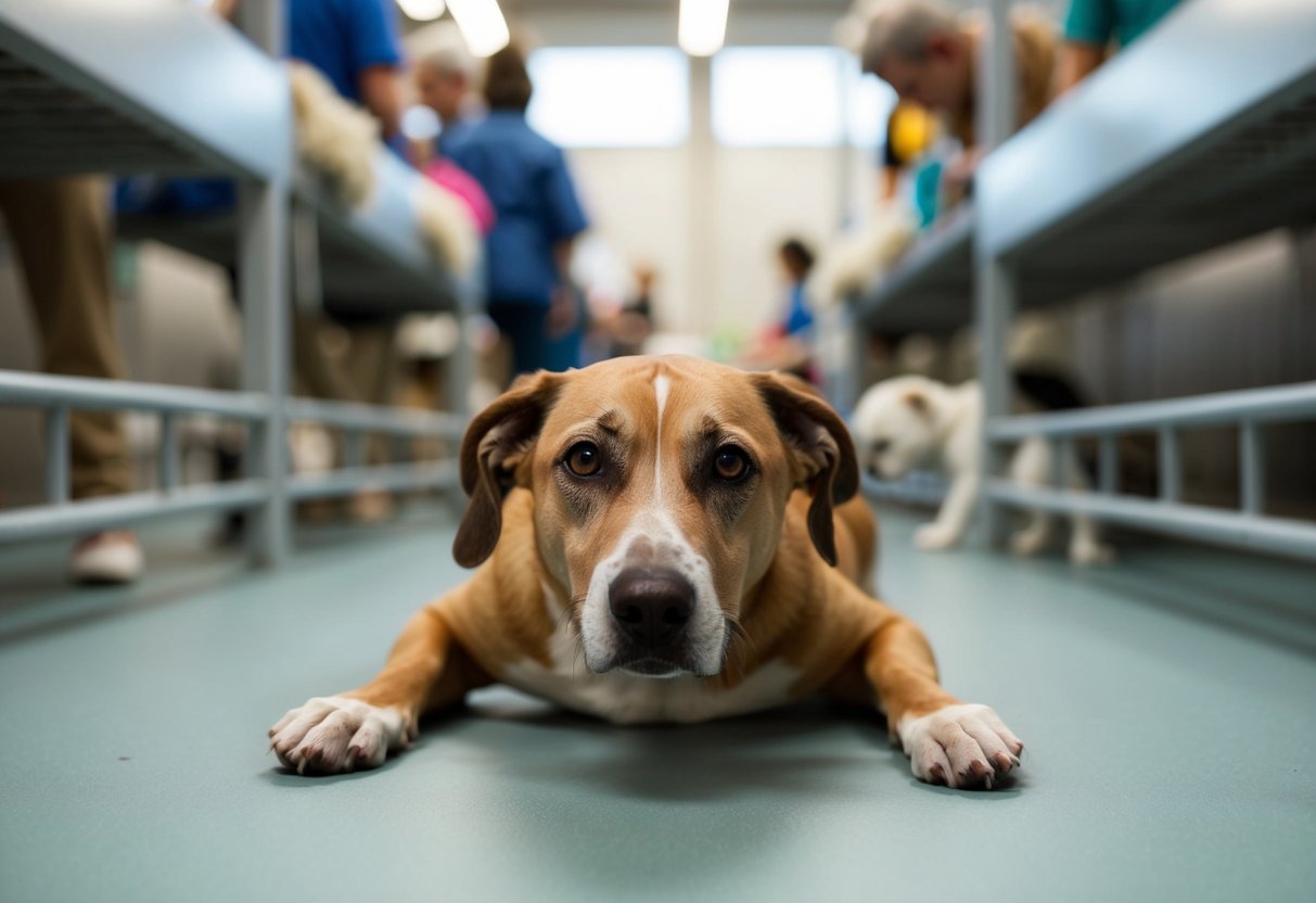 A timid, senior dog with medical needs sits alone in a crowded shelter, overlooked by potential adopters