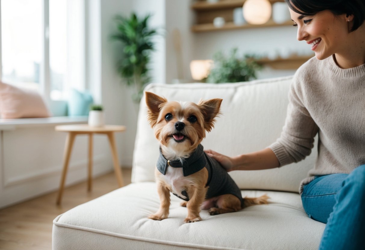 A small, friendly dog sitting on a cozy couch in a bright, airy apartment, looking up at its owner with a wagging tail