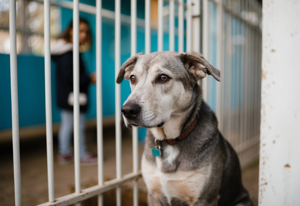 A senior dog with gray fur and a gentle expression sits in a shelter kennel, overlooked by potential adopters