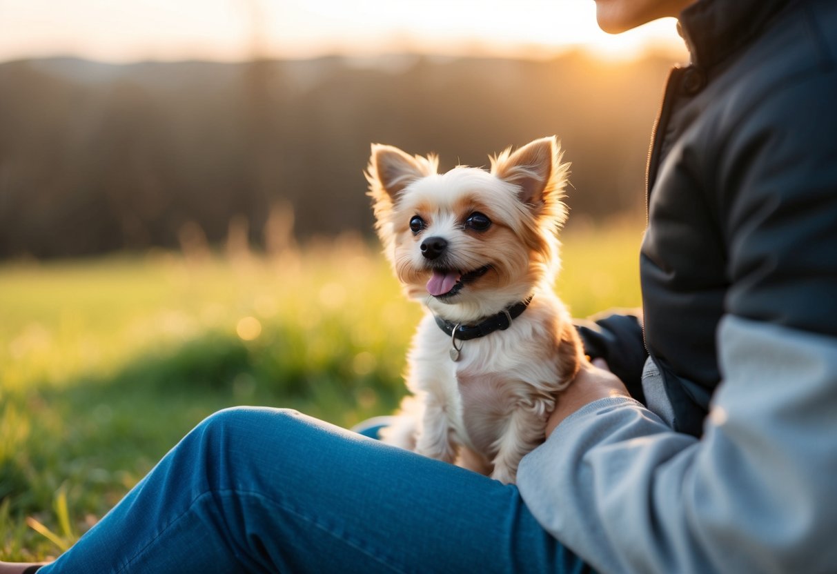 A tiny dog wagging its tail while sitting next to a person, showing a friendly and affectionate demeanor