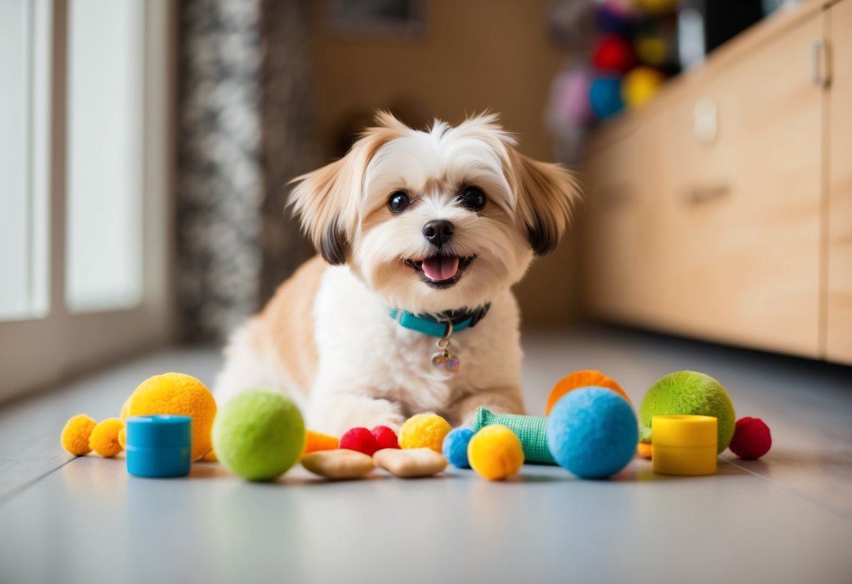 A small, fluffy dog with a wagging tail and a big smile, surrounded by colorful toys and treats